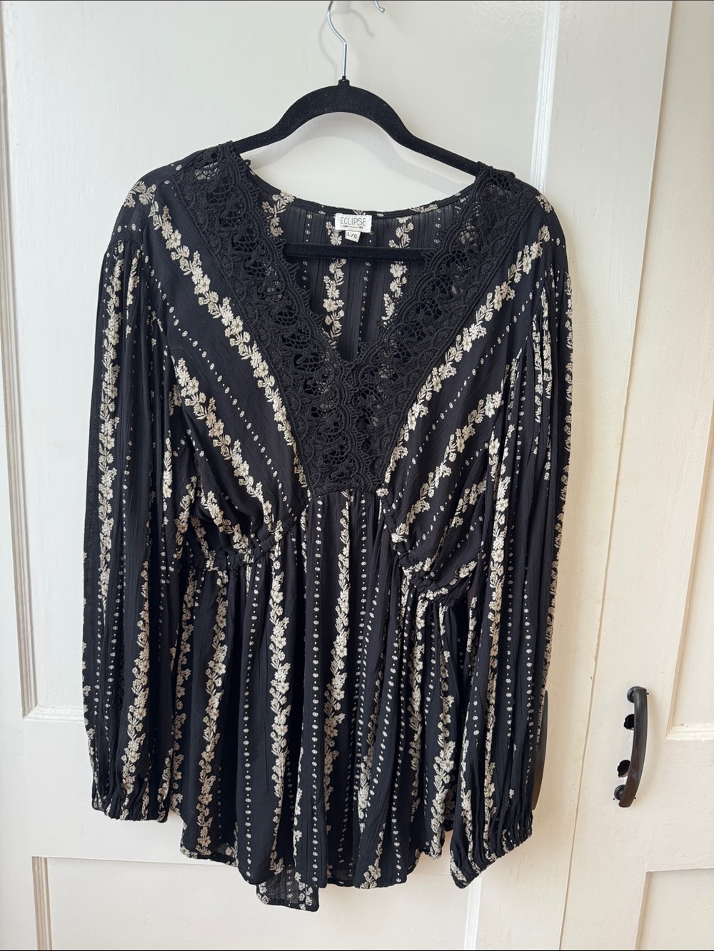 Eclipse Black Boho Blouse with Lace V-Neck